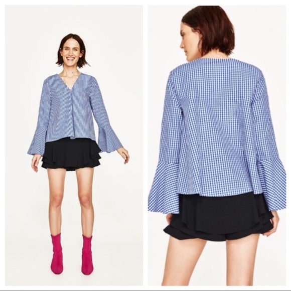 Zara Tops - Zara Woman Gingham Baby Doll Bell Sleeve Top Sz L